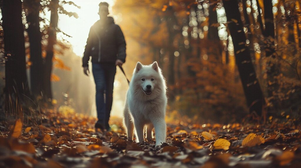 飼い主と散歩をするサモエド犬