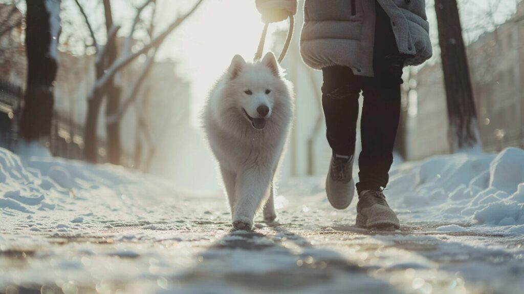 飼い主と散歩をするサモエド犬