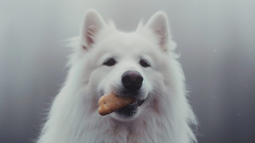 おやつを食べるサモエド犬