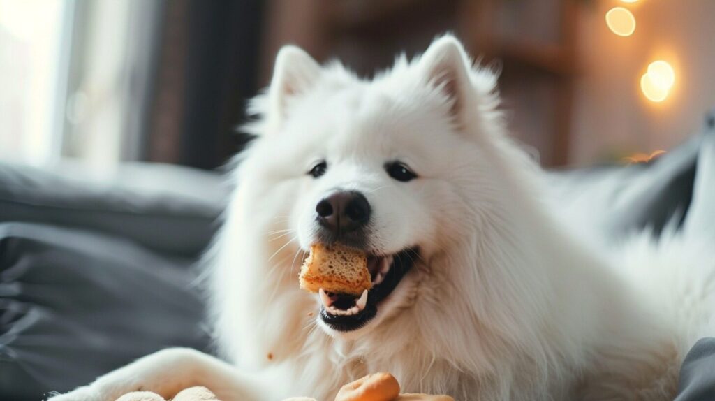 おやつを食べるサモエド犬