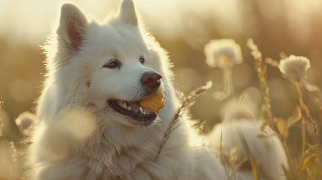 おやつを食べるサモエド犬