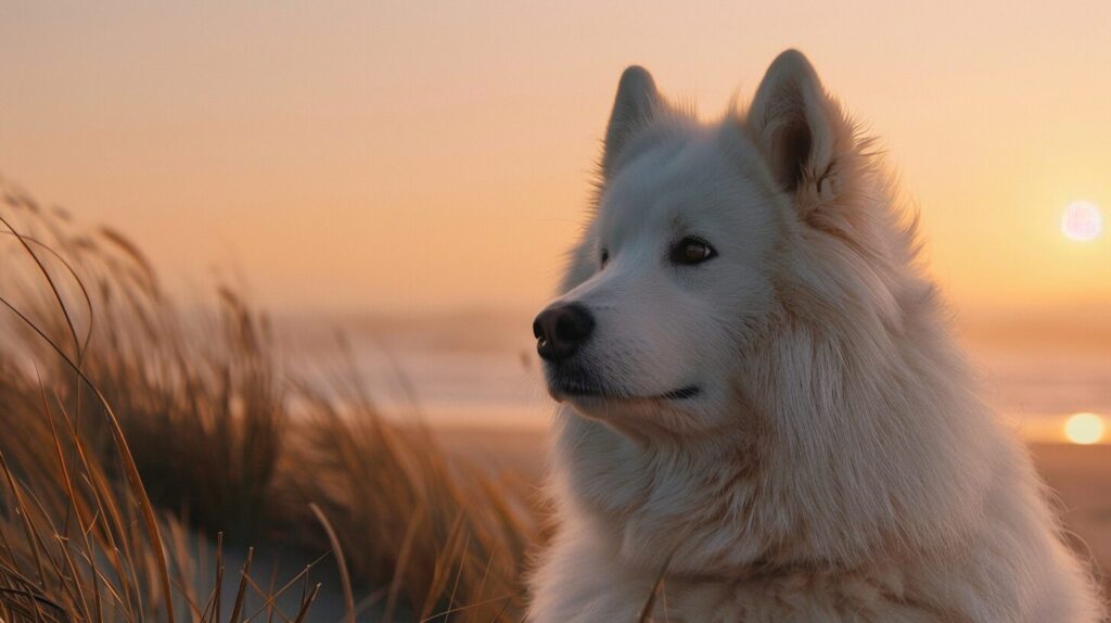 遠くを見つめるサモエド犬