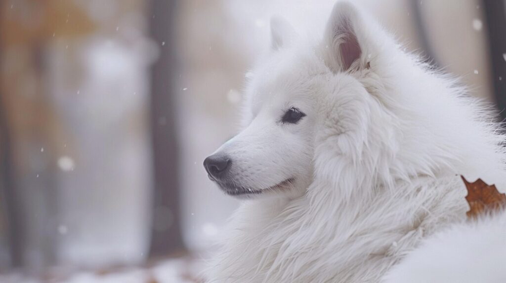 遠くを見つめるサモエド犬