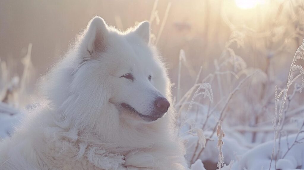 遠くを見つめるサモエド犬