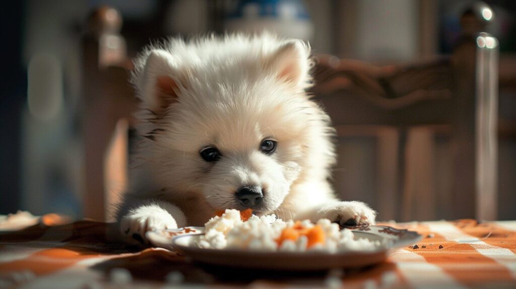 食事をするサモエド犬の子犬