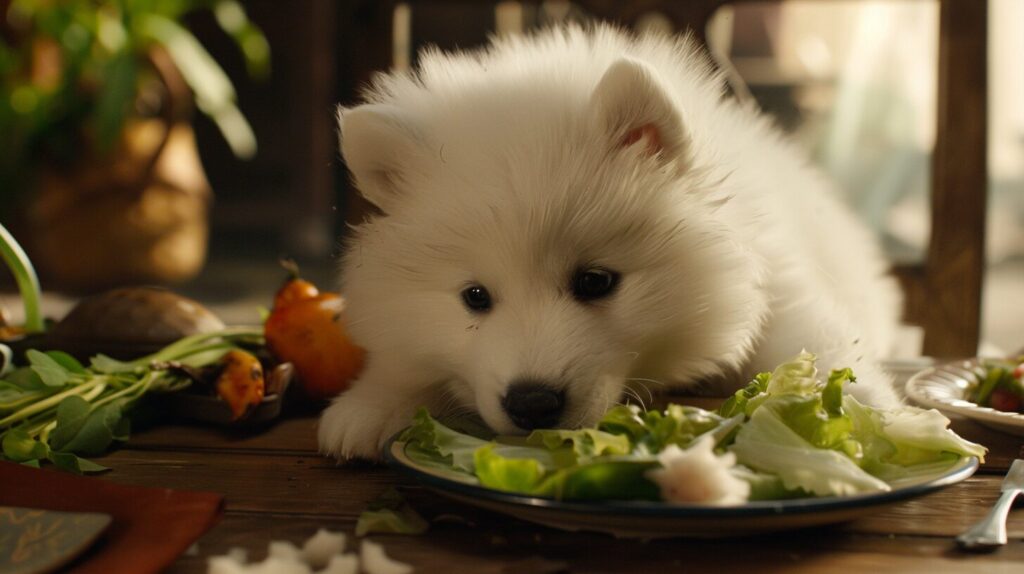 食事をするサモエド犬の子犬