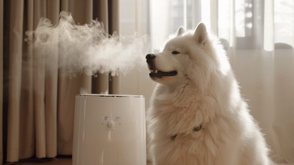 加湿器に興味を持つサモエド犬