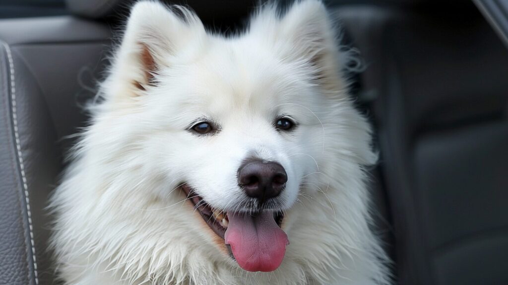 車に乗って喜ぶサモエド犬