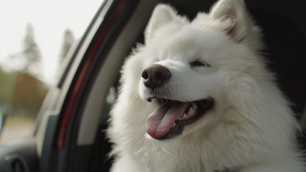 車に乗って喜ぶサモエド犬