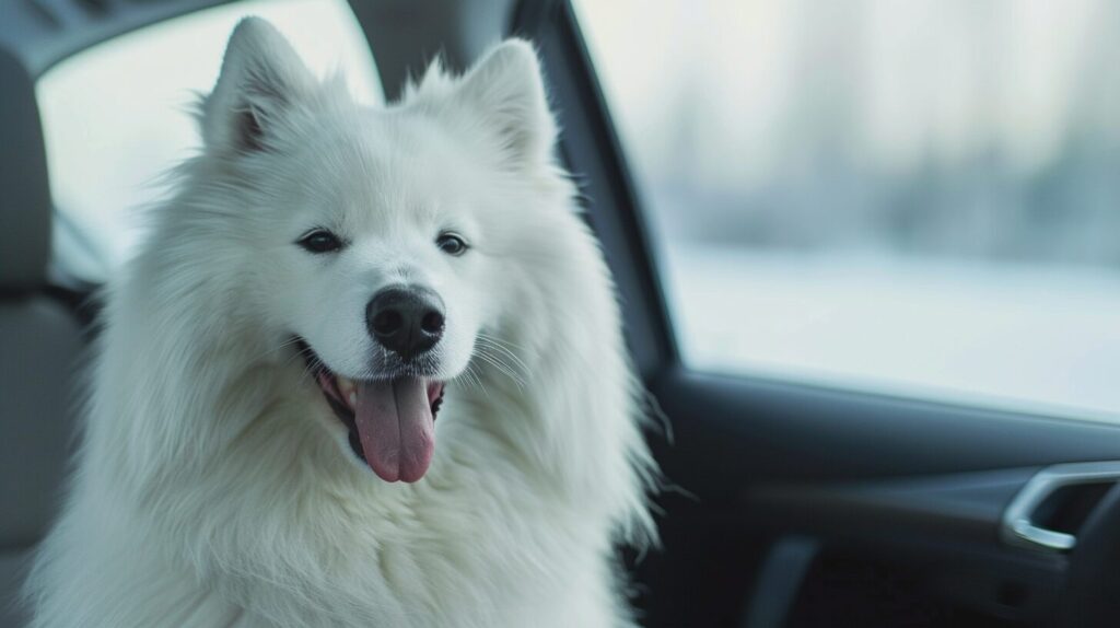 車に乗って喜ぶサモエド犬