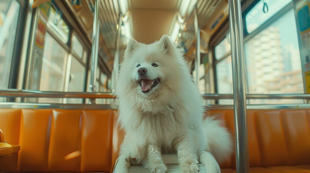 電車に乗って喜ぶサモエド犬