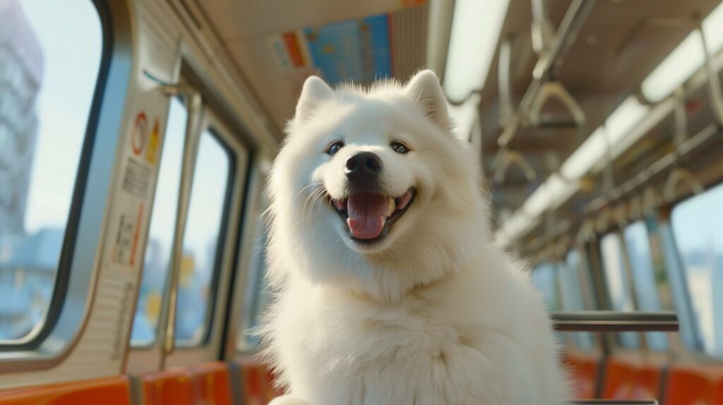 電車に乗って喜ぶサモエド犬