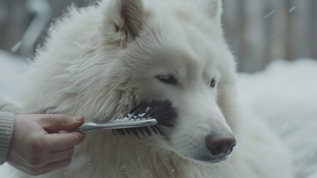 体毛をブラッシングされるサモエド犬