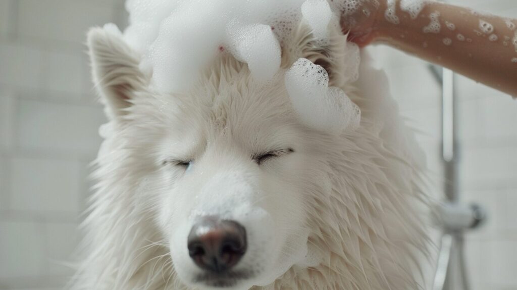 シャンプーをされるサモエド犬