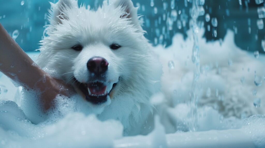 シャンプーをされるサモエド犬