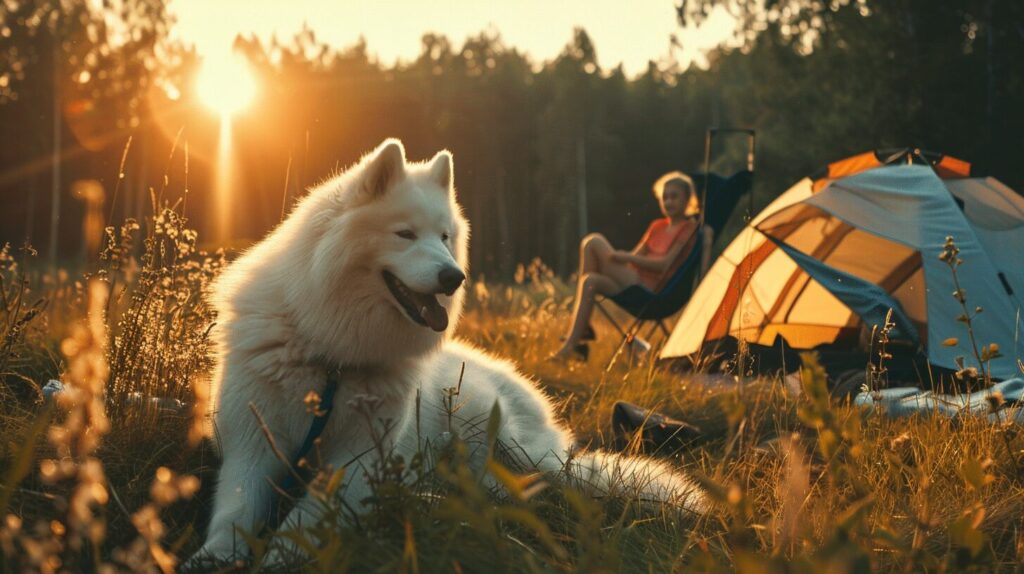 サモエド犬と一緒にキャンプをする家族