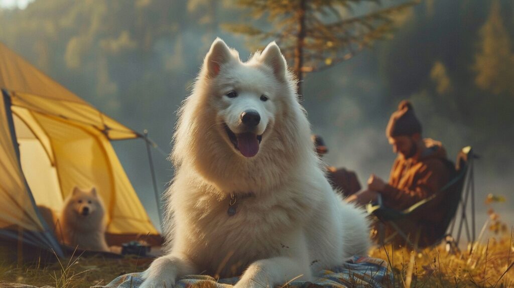 サモエド犬と一緒にキャンプをする家族