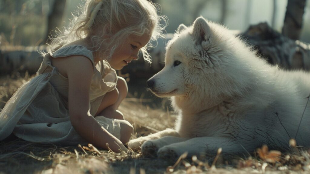 サモエド犬と遊ぶ子ども1