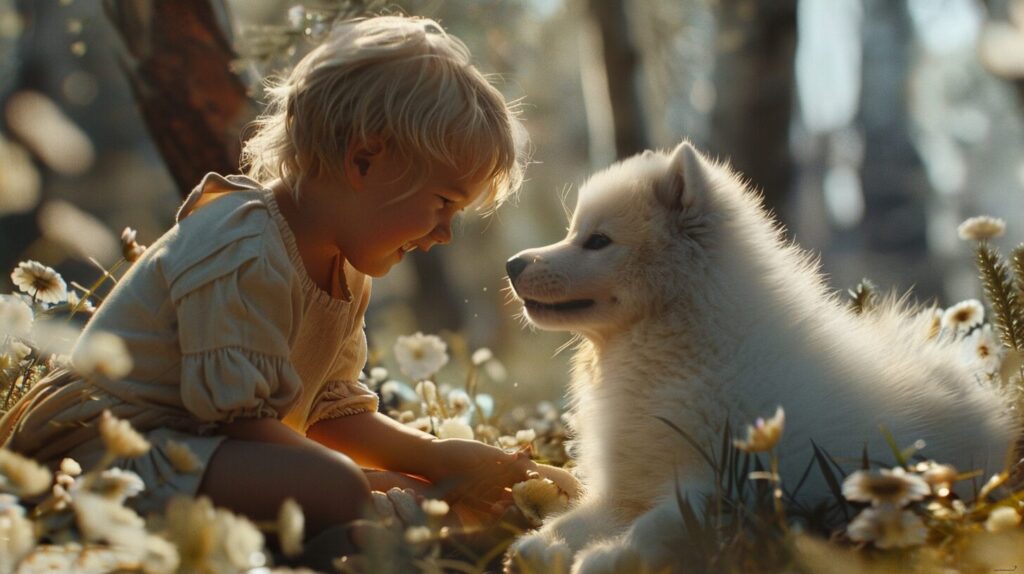 サモエド犬と遊ぶ子ども