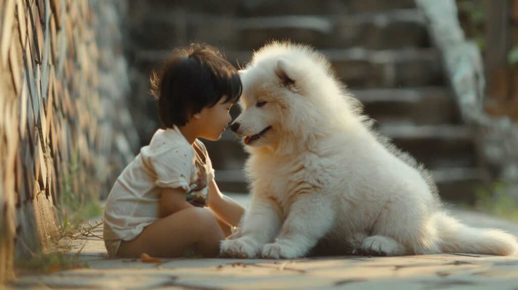 サモエド犬と遊ぶ子ども