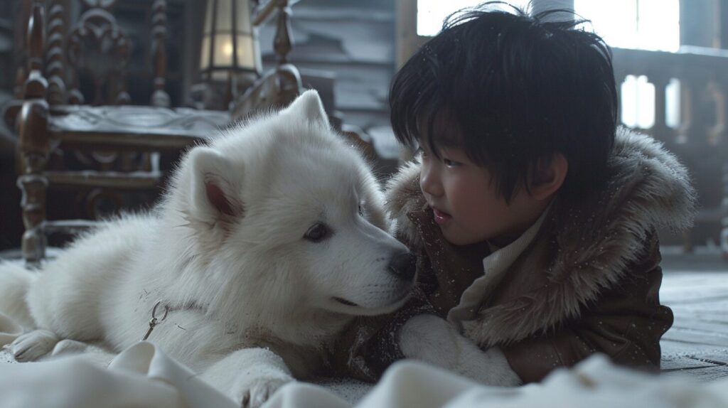 サモエド犬と遊ぶ子ども