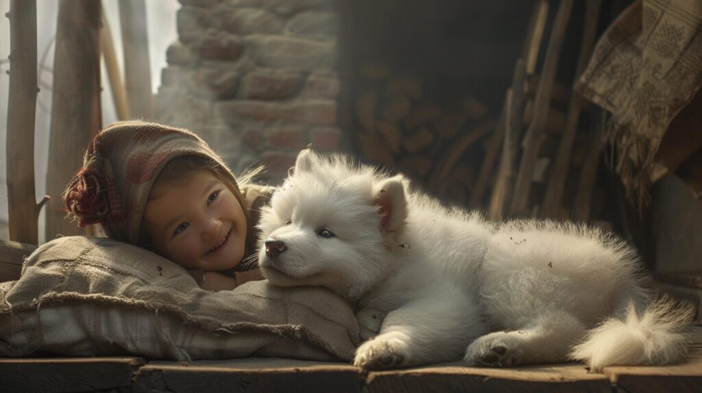 サモエド犬と遊ぶ子ども