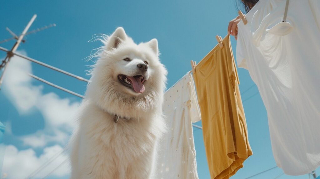 洗濯を干す飼い主の周りで遊ぶ幸せそうなサモエド犬