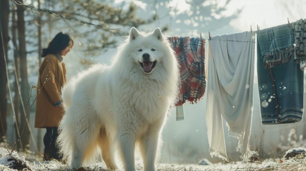 洗濯を干す飼い主の周りで遊ぶ幸せそうなサモエド犬