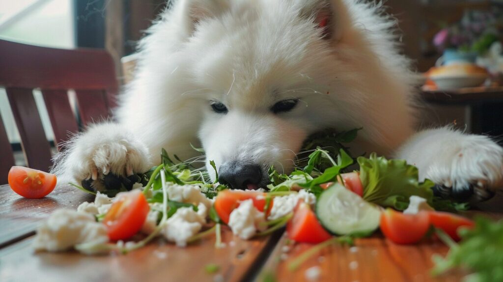 食事をするサモエド犬