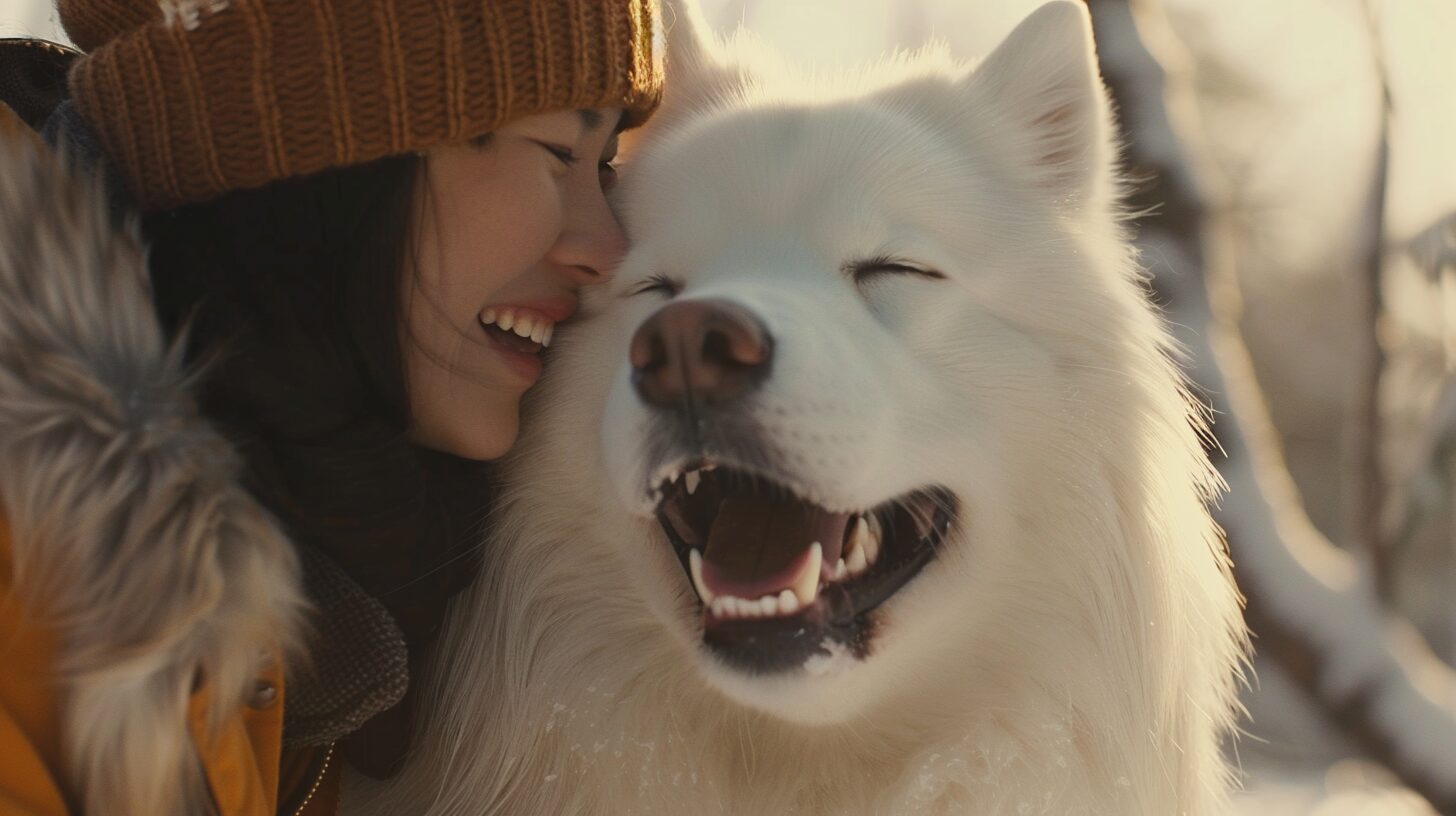 飼い主と笑い合うサモエド犬