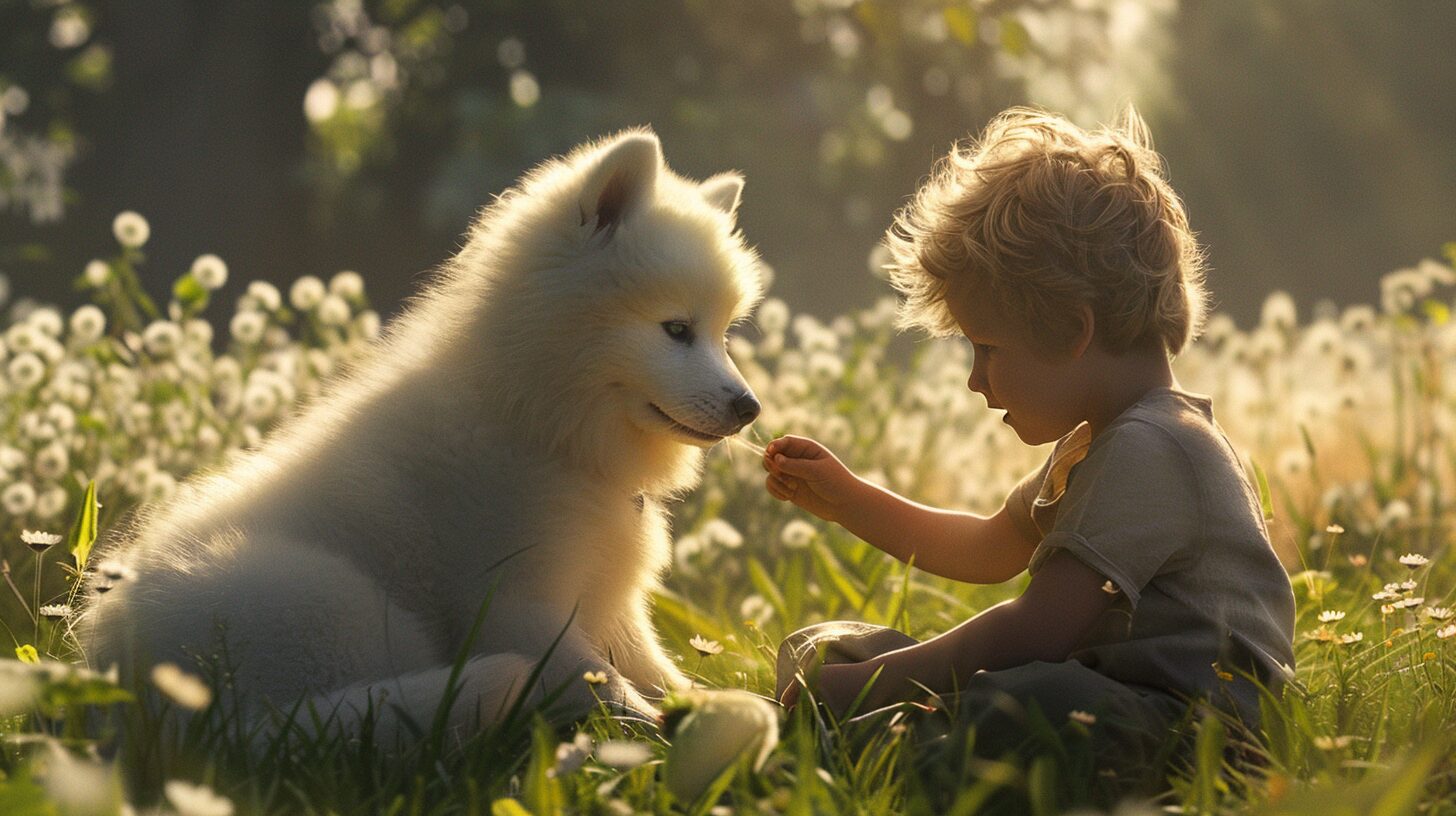 サモエド犬と遊ぶ子ども