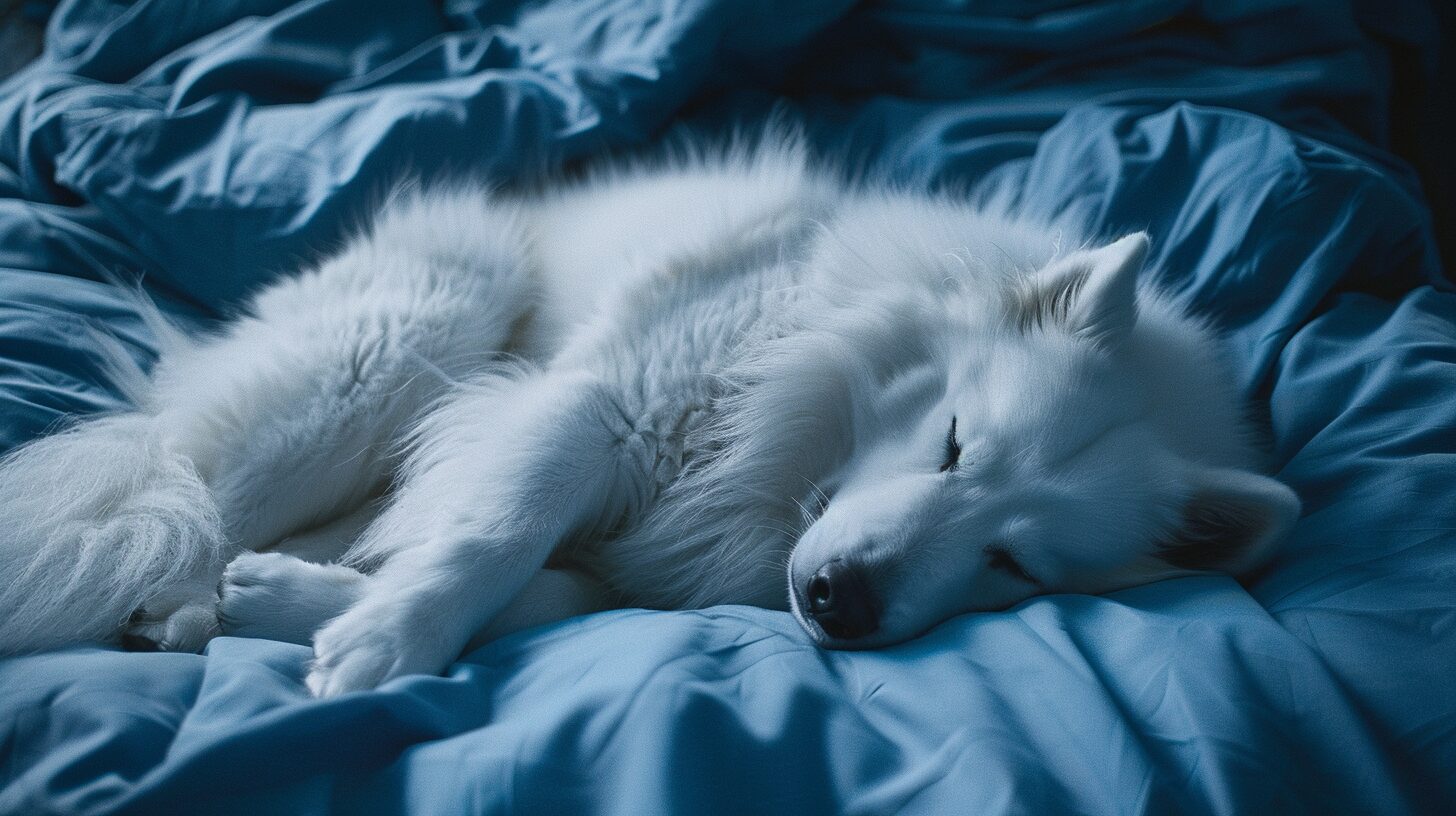 ベッドで眠るサモエド犬