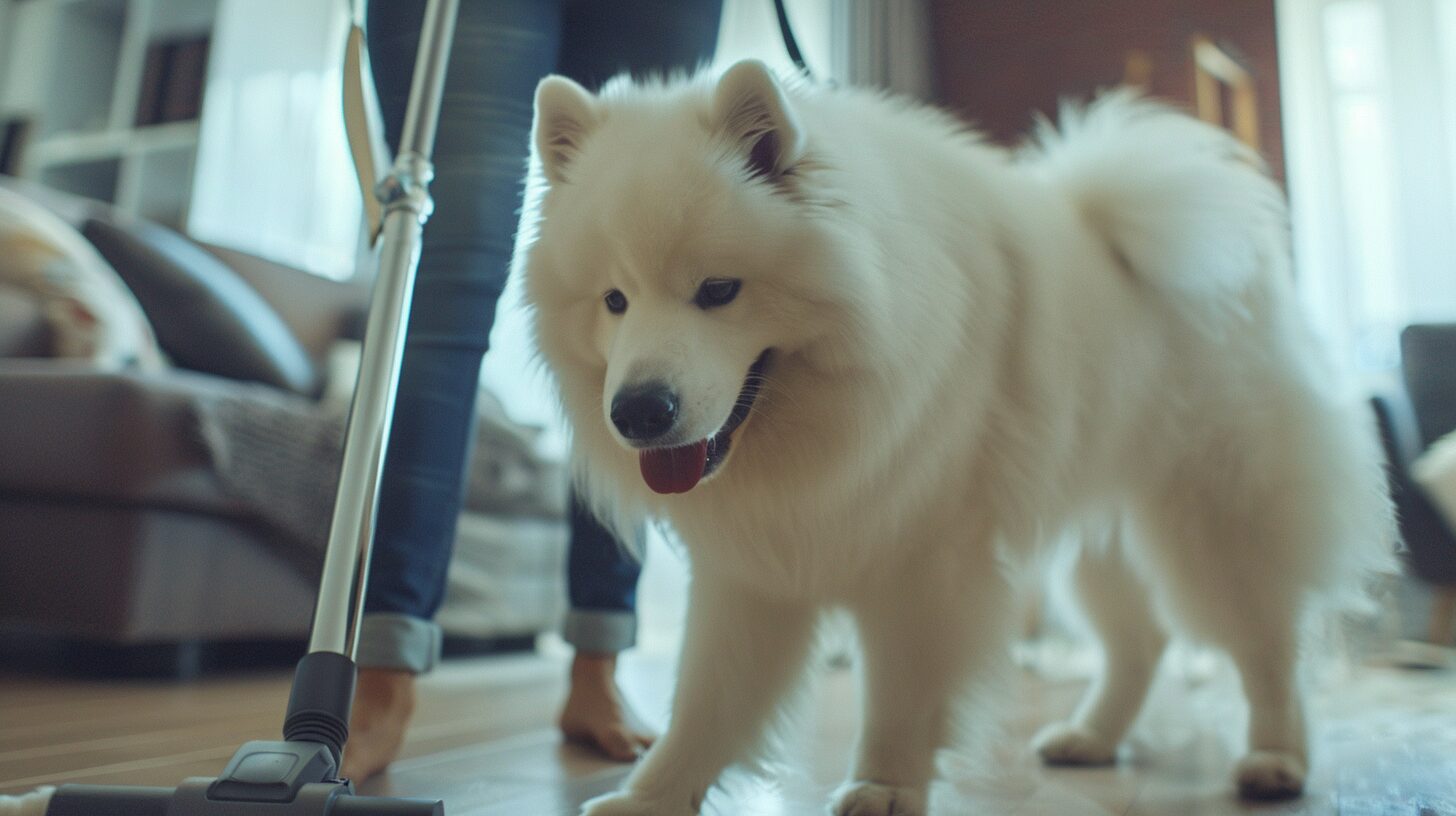 掃除機をかけている飼い主についていくサモエド犬