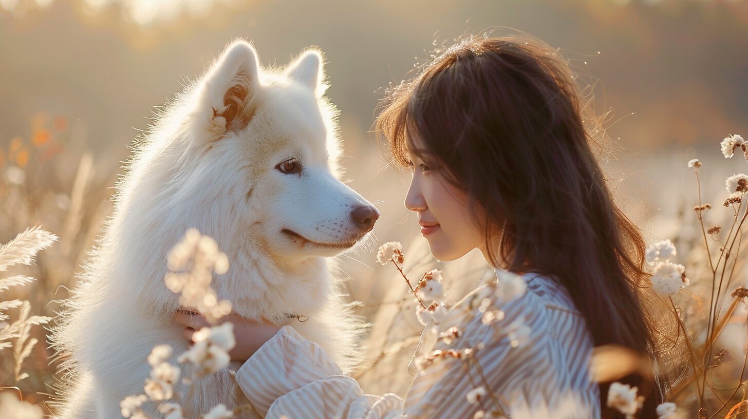 飼い主と仲良く過ごすサモエド犬