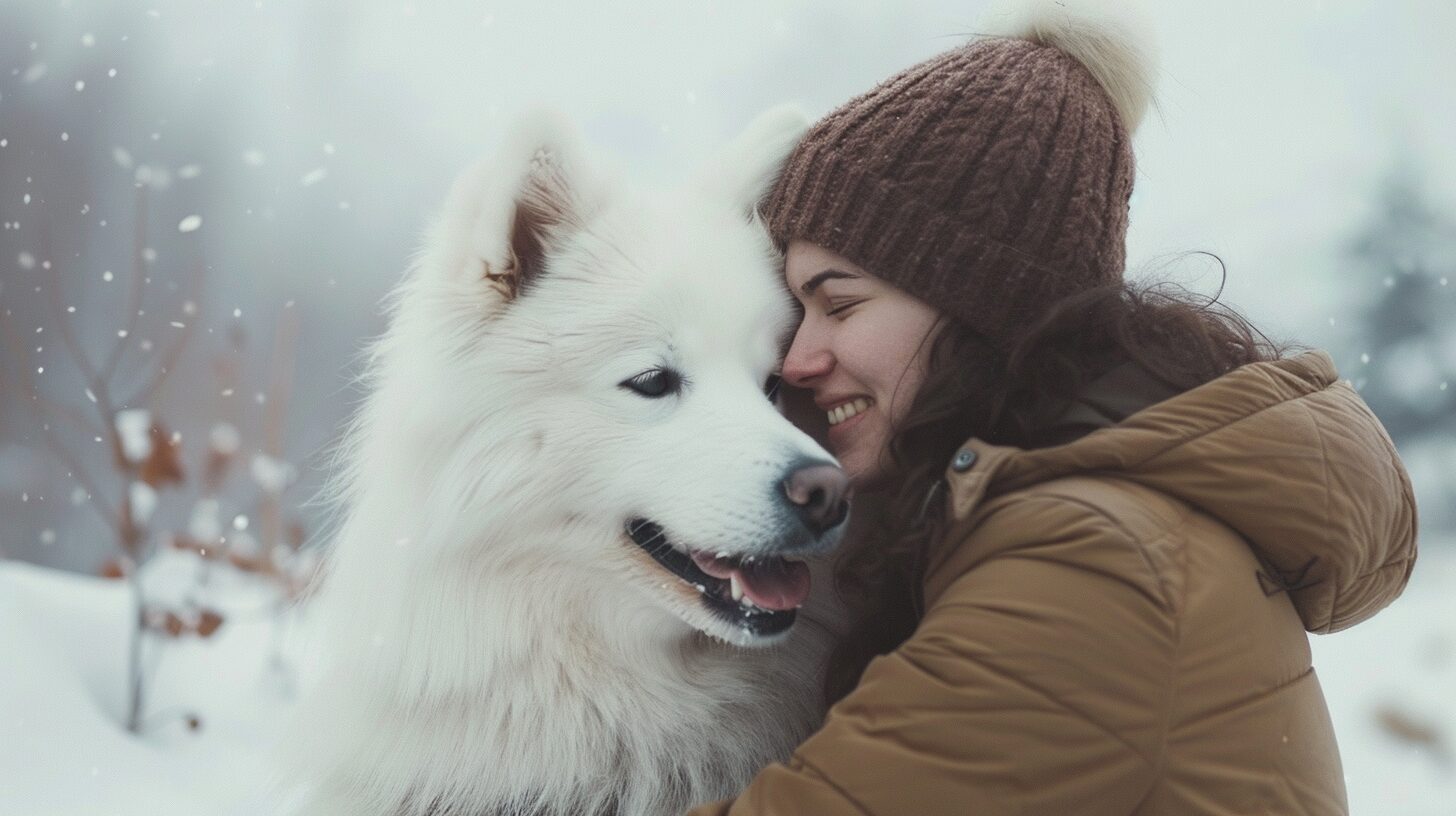 飼い主と仲良く過ごすサモエド犬