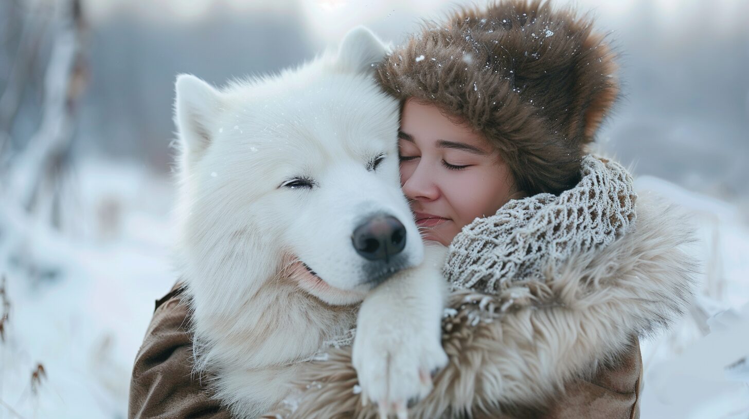 飼い主と仲良く過ごすサモエド犬